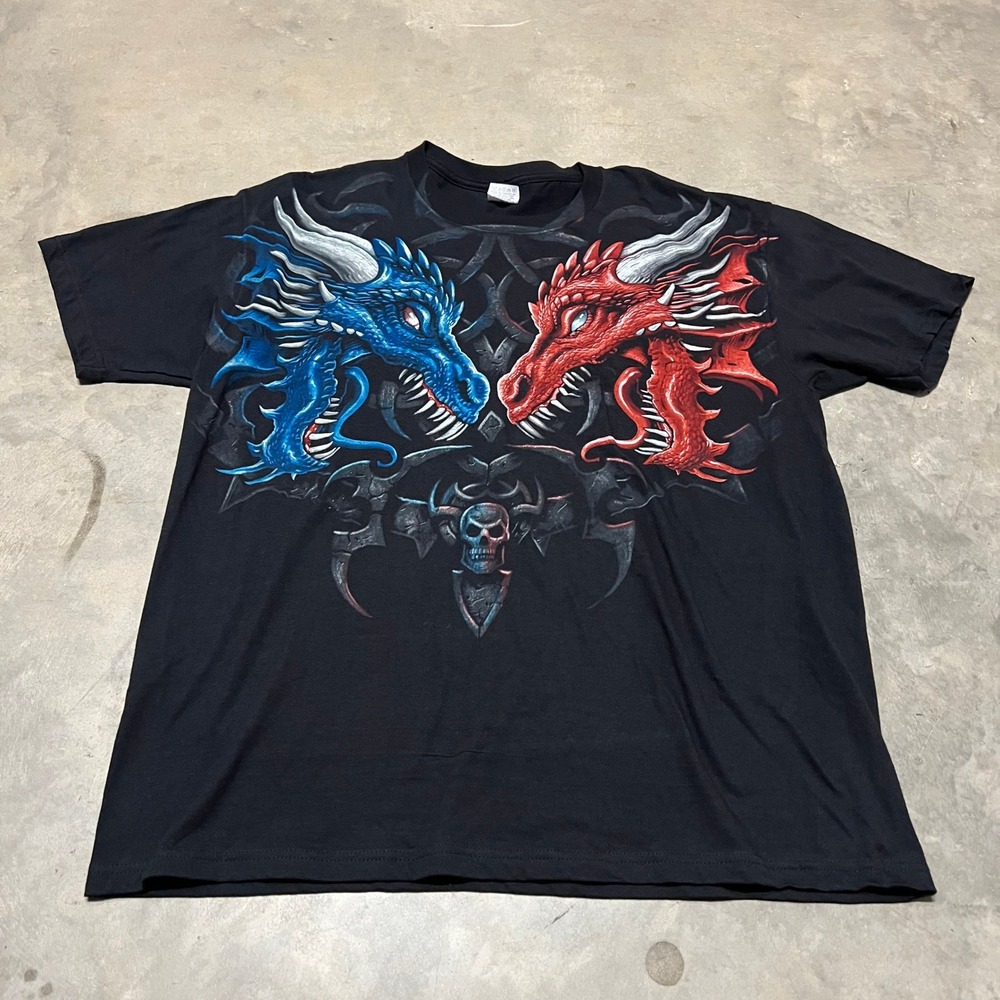 Quail Hollow Mens XL Black Dragon Graphic T-Shirt Red Blue Skull Fantasy Tee